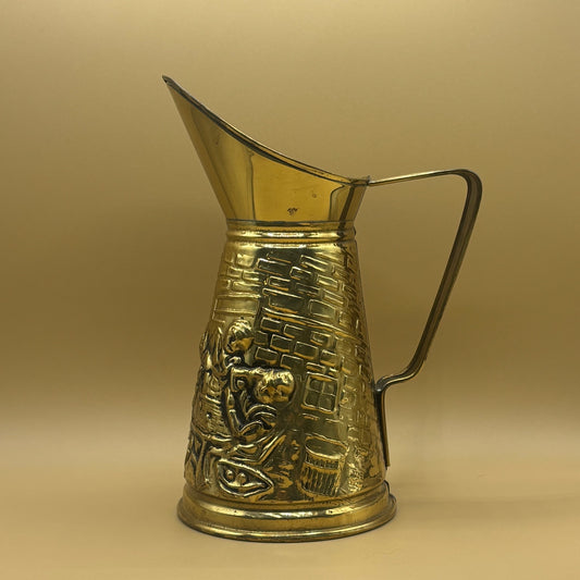 VTG English Tavern Scene Hammered Metal Pitcher - Gold Patina