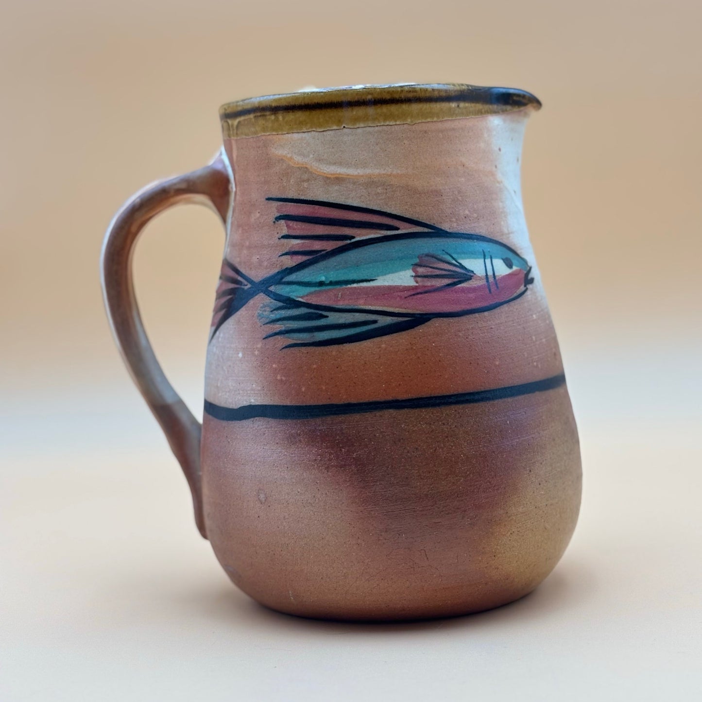 Studio Pottery Fish Pitcher with “M” Handle Mark – Hand-Painted 8″