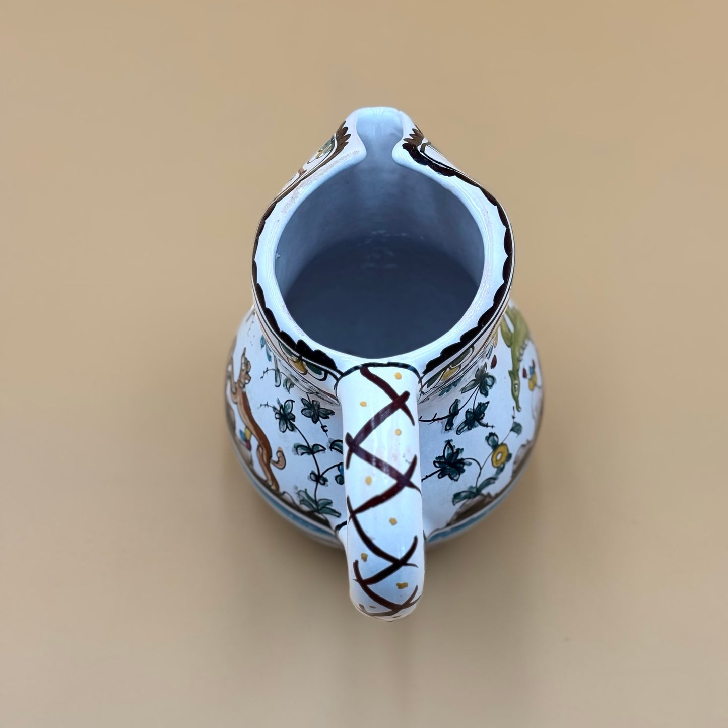 Vintage Portuguese Coimbra Pitcher – Hand-Painted Bird & Floral Talavera-Style Pottery