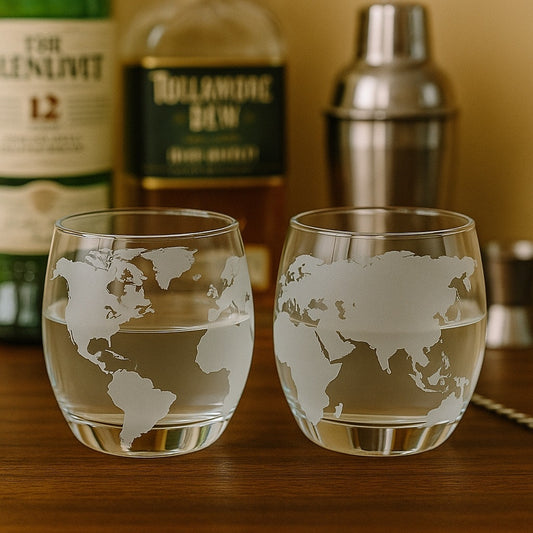 Pair of Unique Etched Globe Glasses – Frosted World Map Design