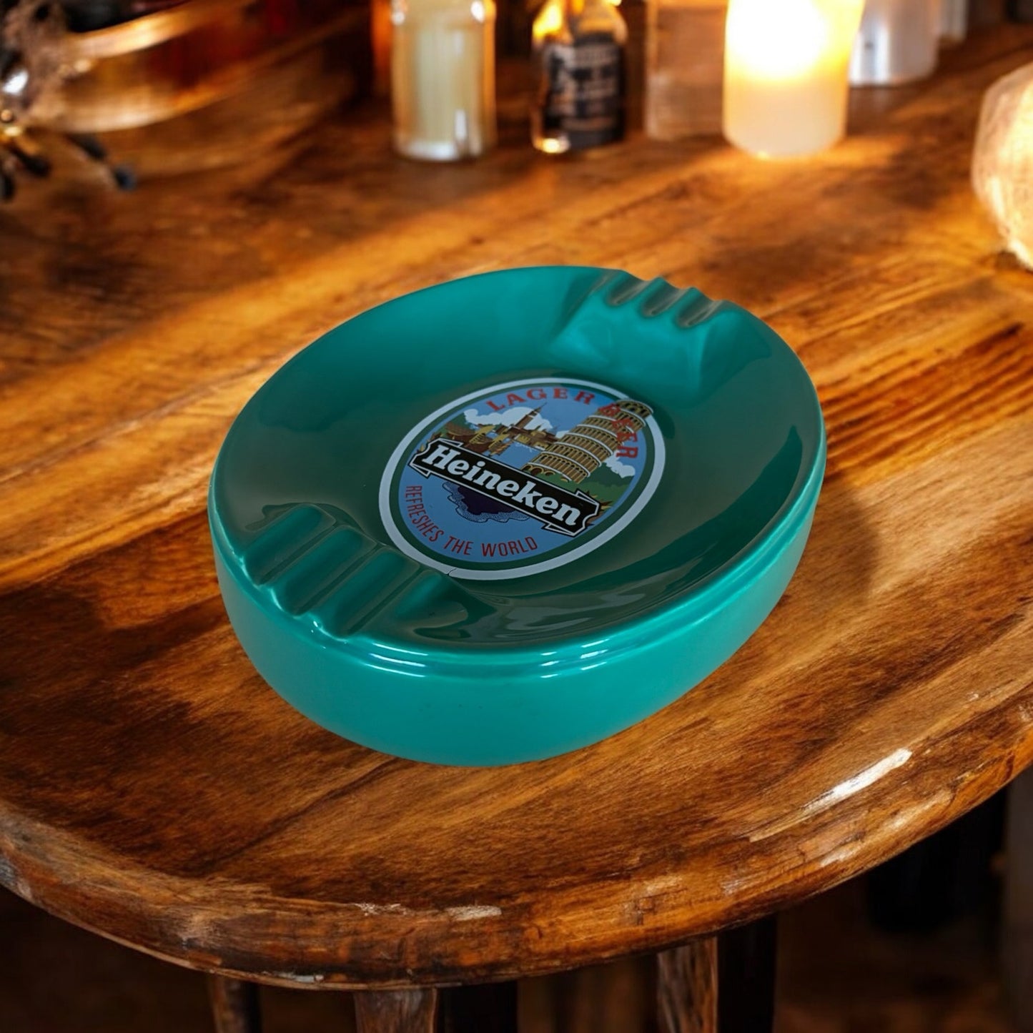 Vintage Heineken Lager Beer Green Glass Ashtray – 7.5” x 9” Heavy Pub Tray
