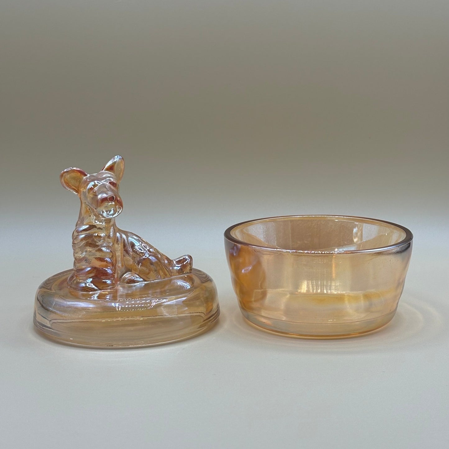 Vintage Jeannette Marigold Carnival Glass Scottie Dog Trinket Box