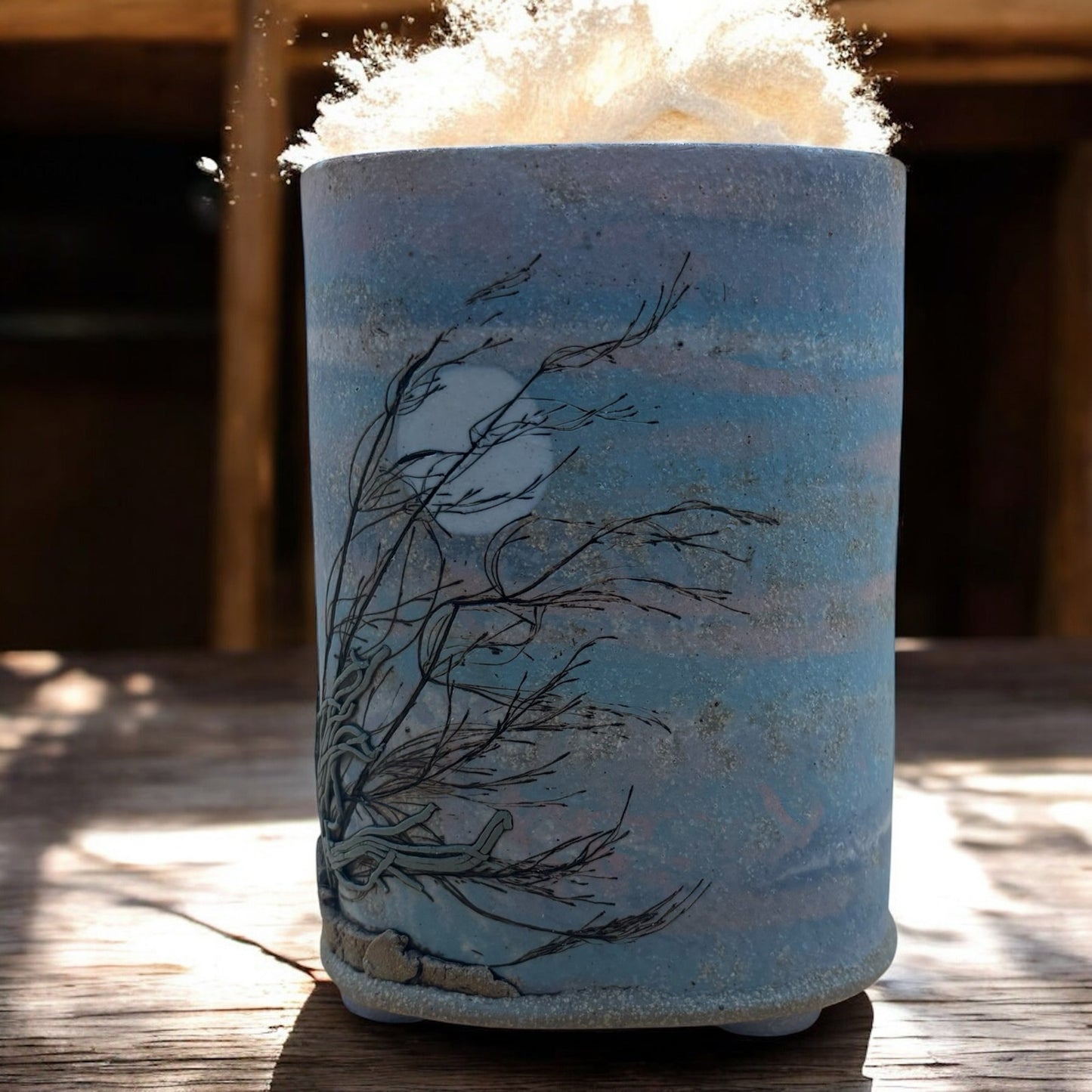 Handmade Ceramic Vase – Etched Tree & Moon Design (6.5” Tall)