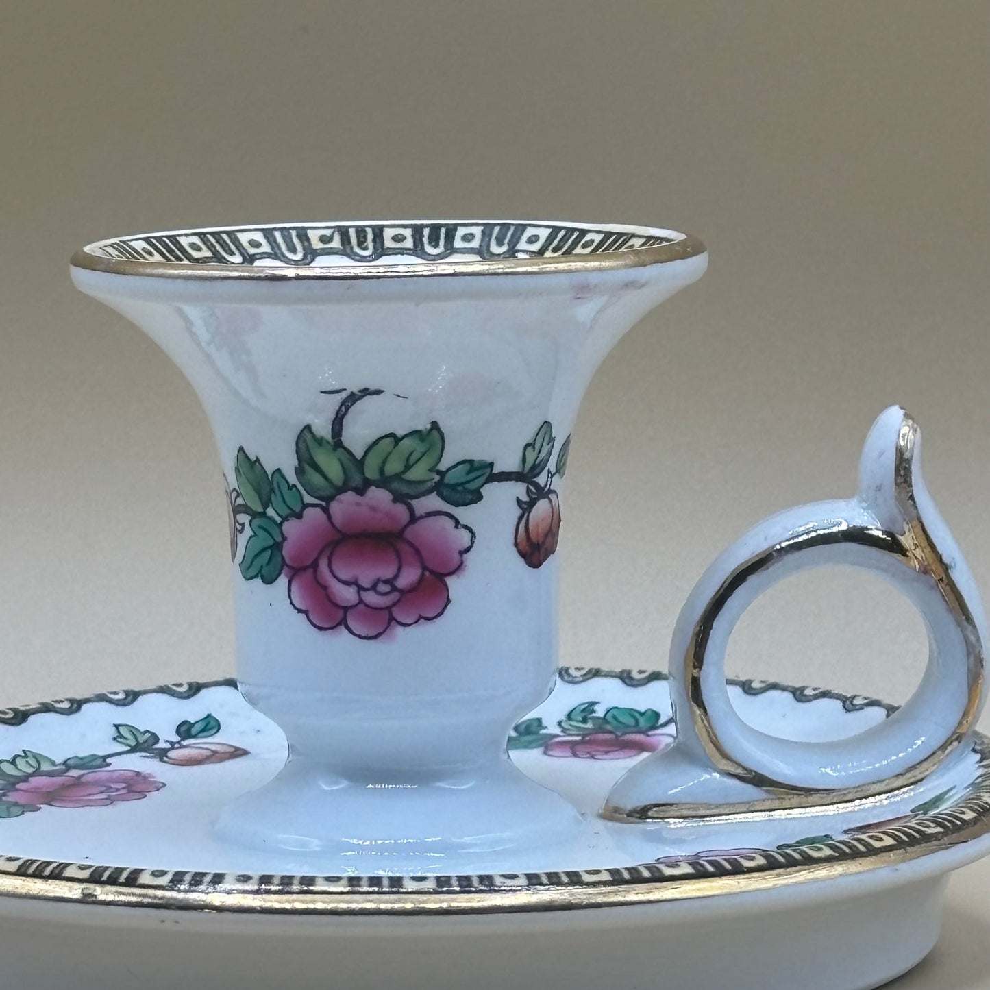 VTG Porcelain Finger Candlestick Holder - Pink Rose & Gold Trim