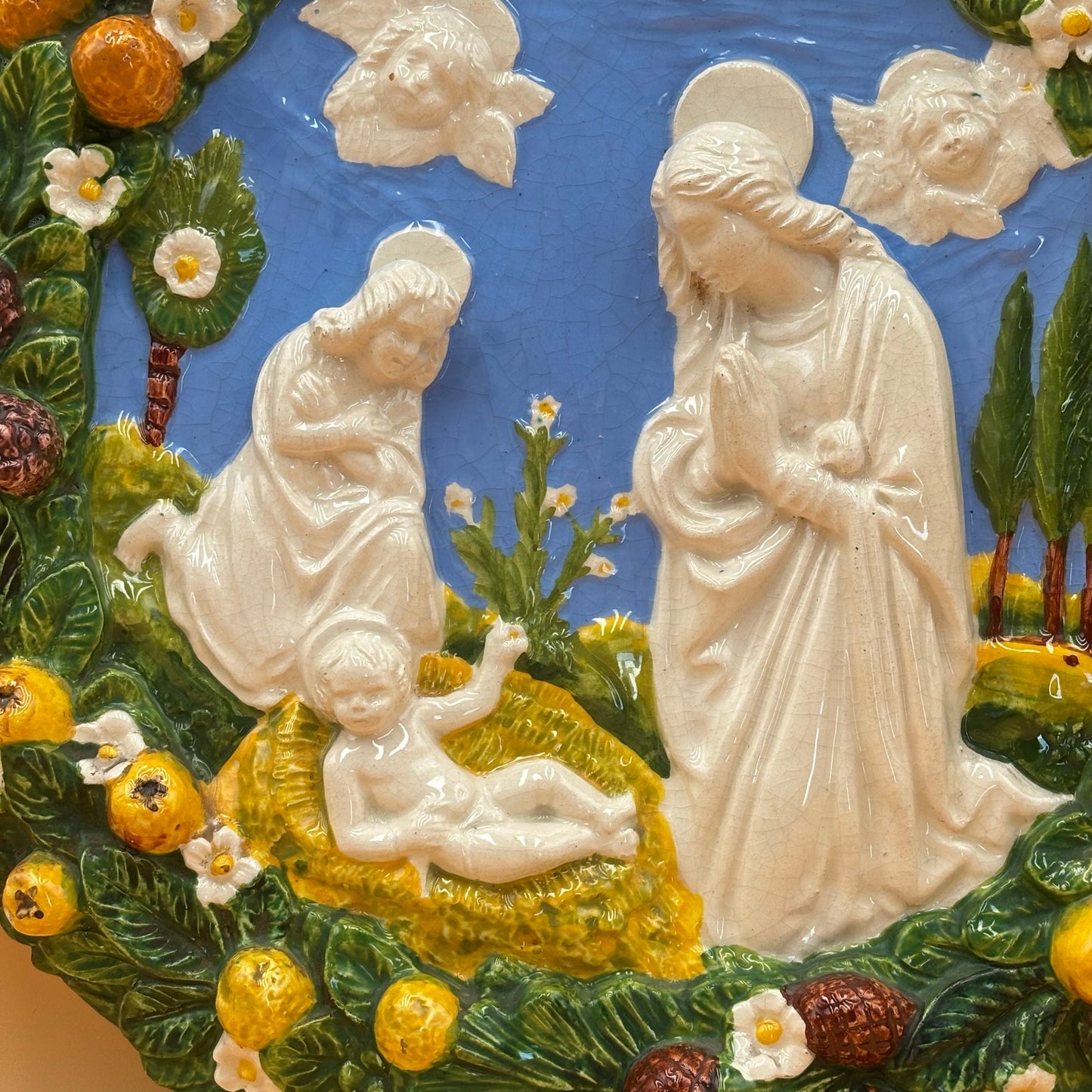 Vintage Carbone Italy Ceramic Nativity Wall Plaque – Hand-Painted, 14 3/8”