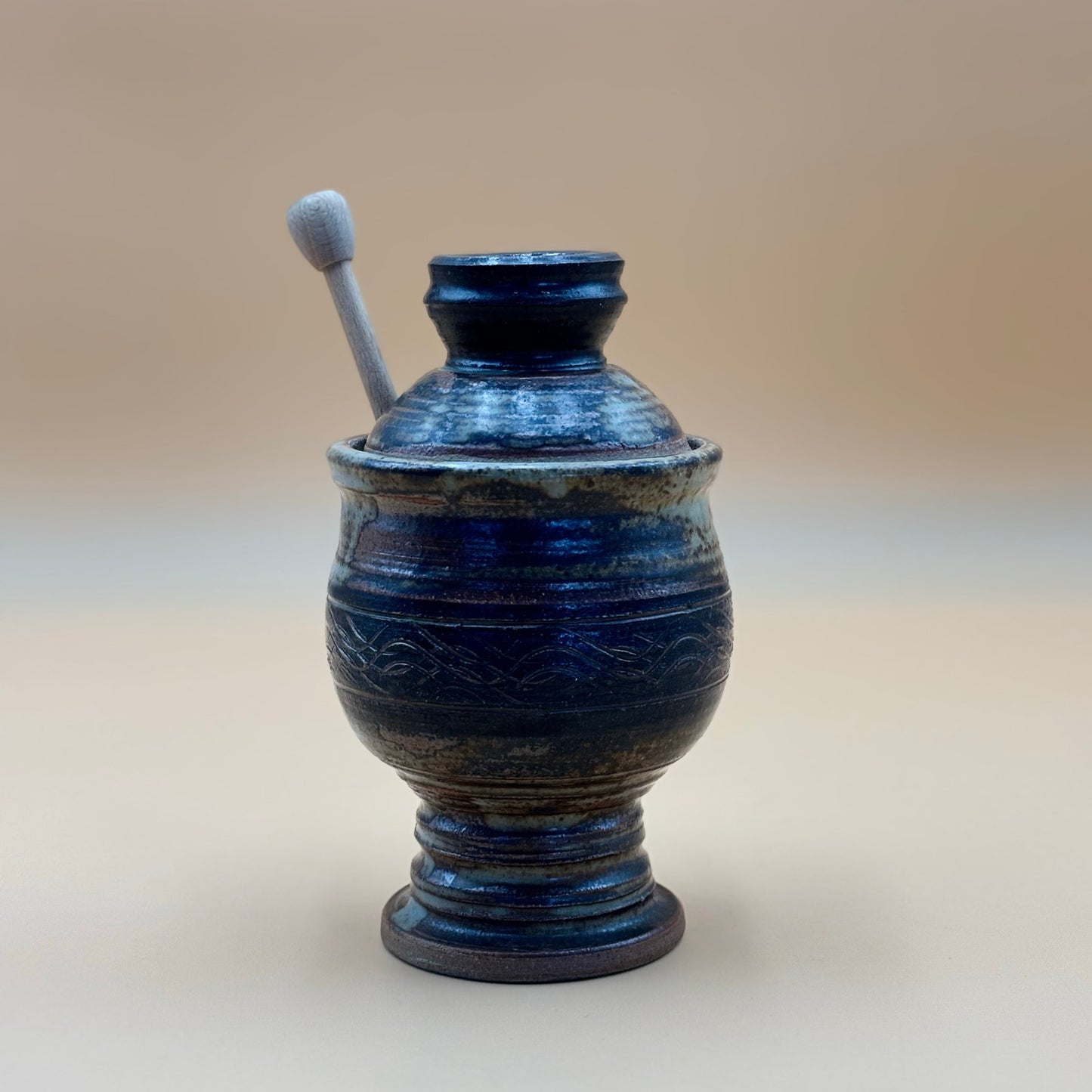 Studio Pottery Honey Jar with Dipper — Olive Green Earth Tone Glaze