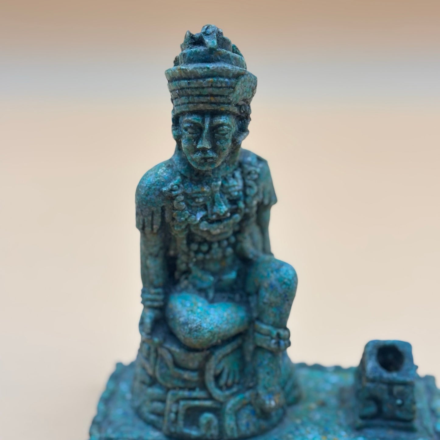 Aztec-Style Green Stone Pen Holder Statue – 6⅜” Tall