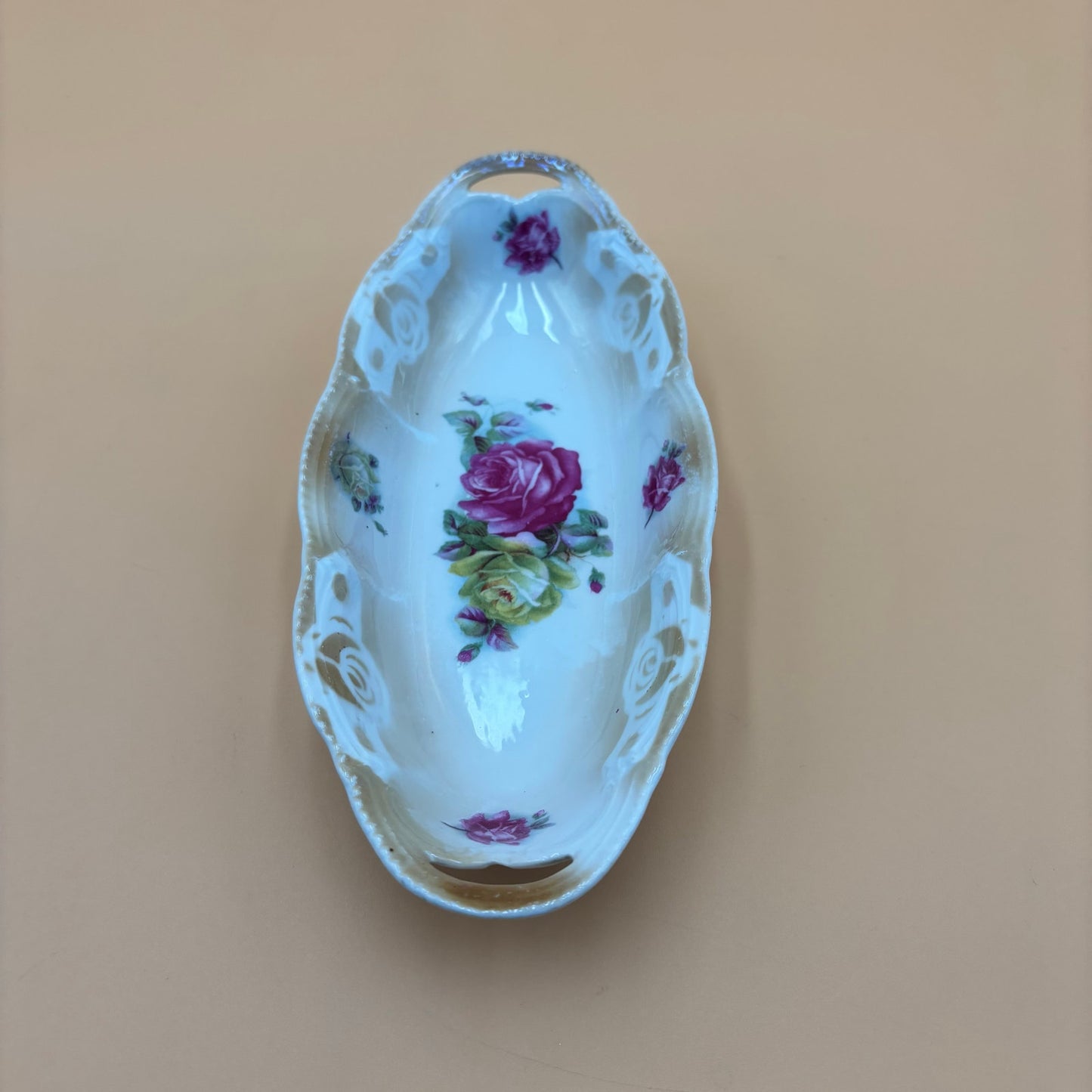 Vintage Made in Germany Porcelain Oval Dish – Pink & Yellow Roses with Handles