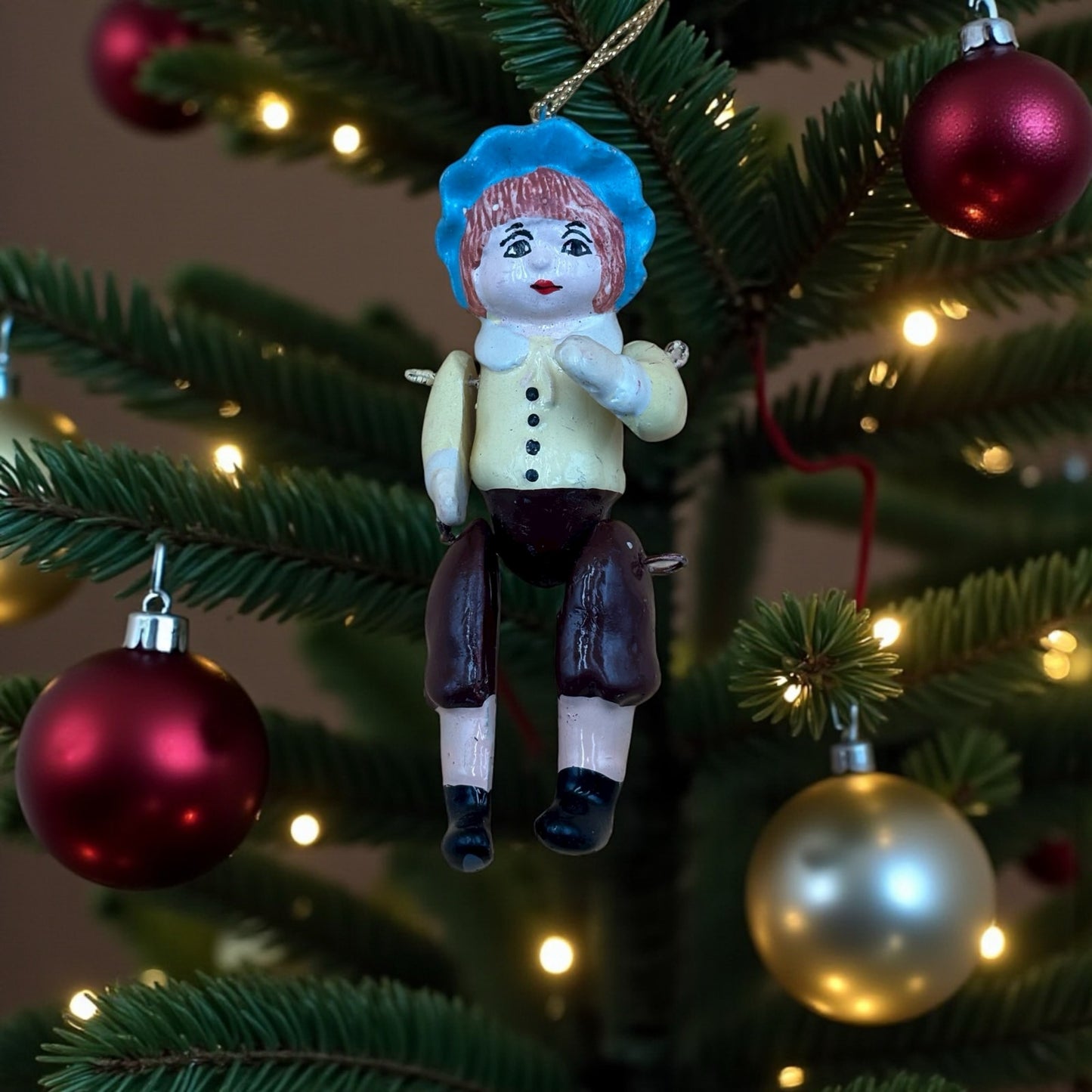 Vintage Hand-Painted Wooden Boy Ornament – Articulated Limbs – 4.25"