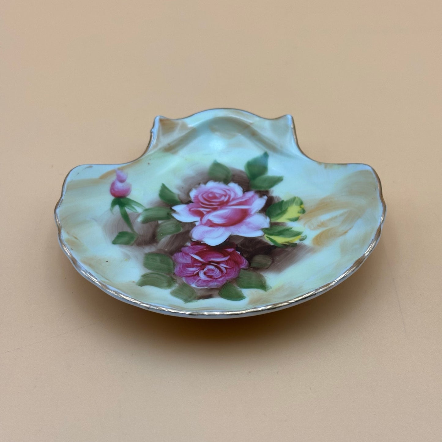 Hand-Painted Vintage Pink Rose Porcelain Shell Dish
