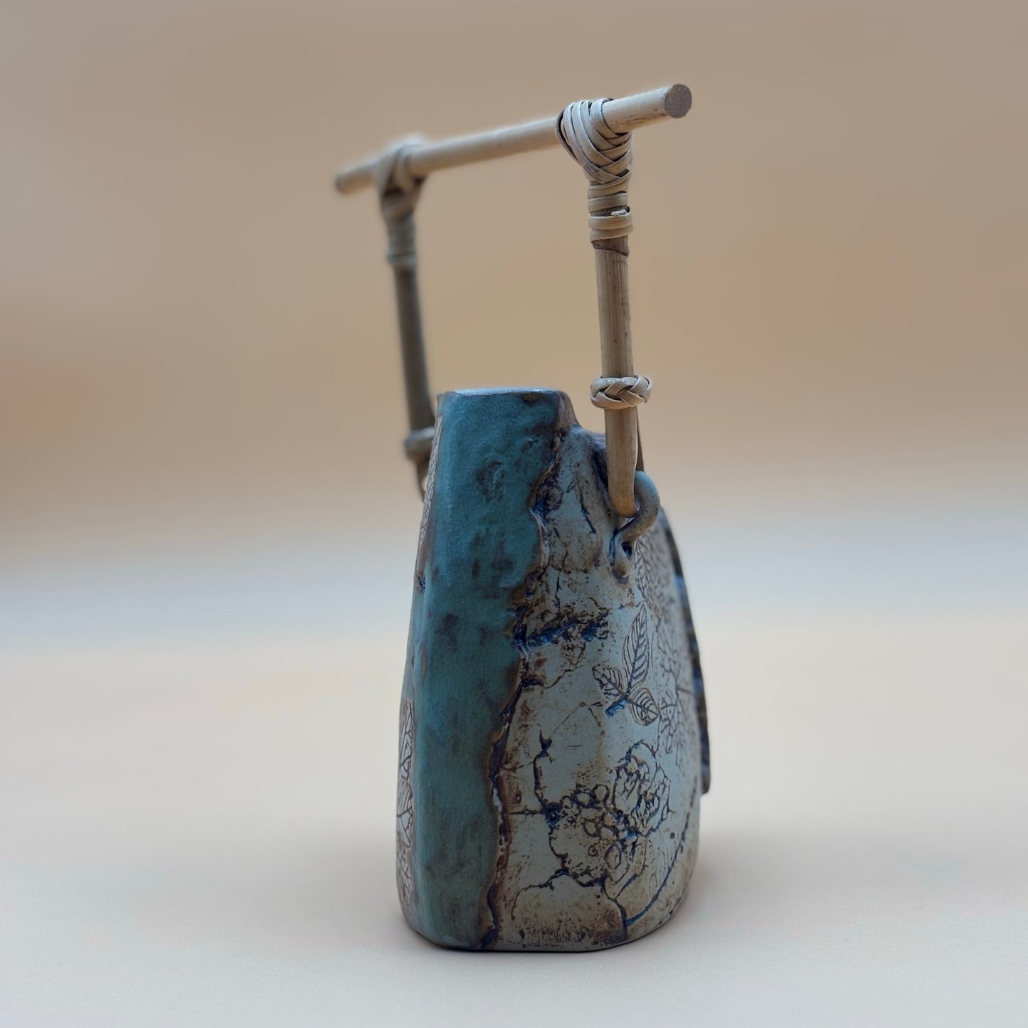 Malaysia Handicraft Tenmoku Pottery Vase with Bamboo Handle