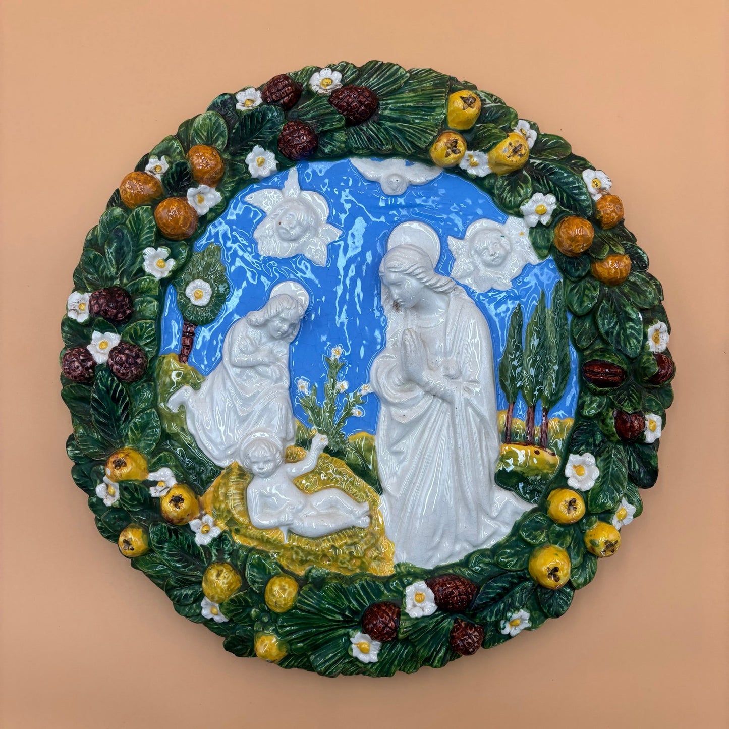 Vintage Carbone Italy Ceramic Nativity Wall Plaque – Hand-Painted, 14 3/8”