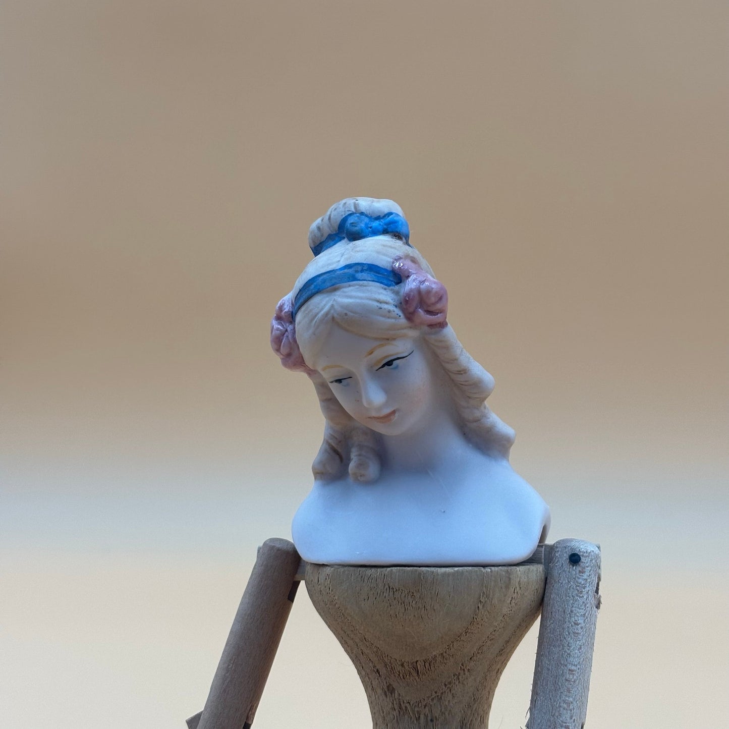 Shackman Bisque and Wood Jointed Doll 9.5 in with Blue Ribbon