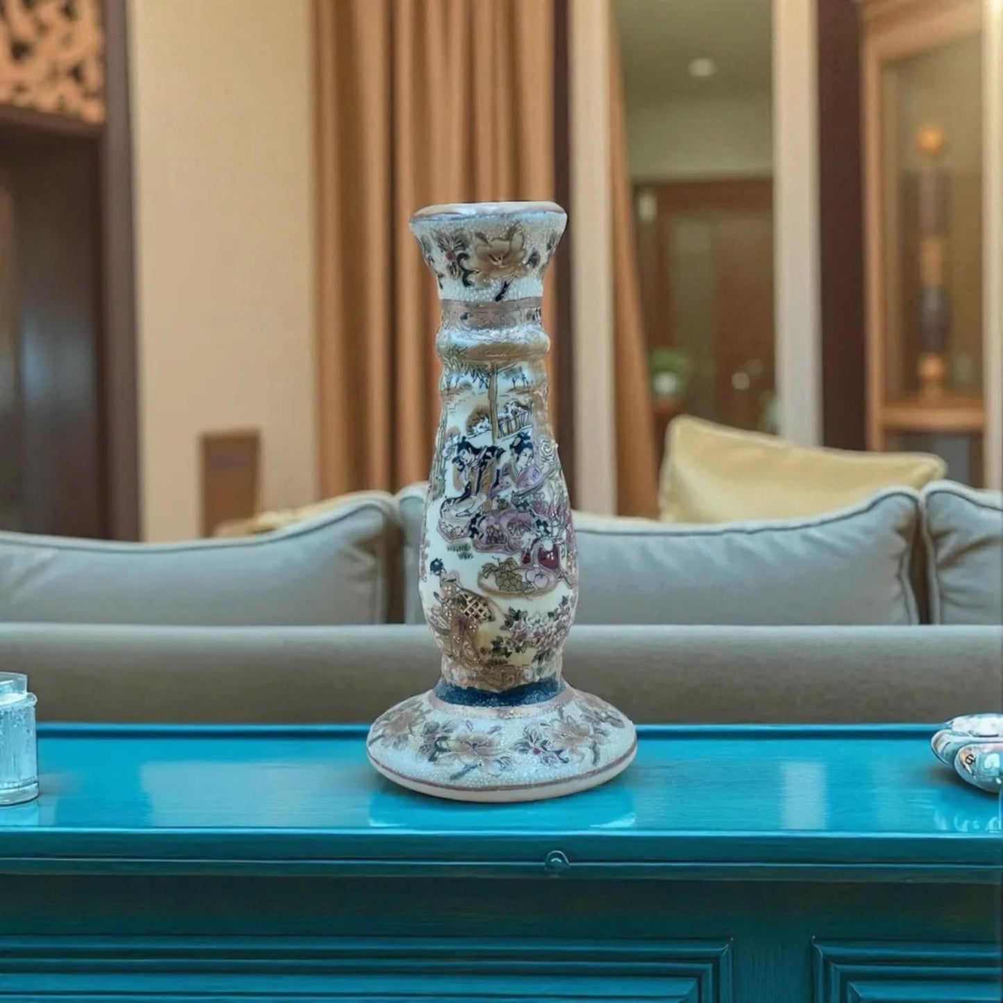 Asian Hand-Painted Porcelain Candlestick – 9”