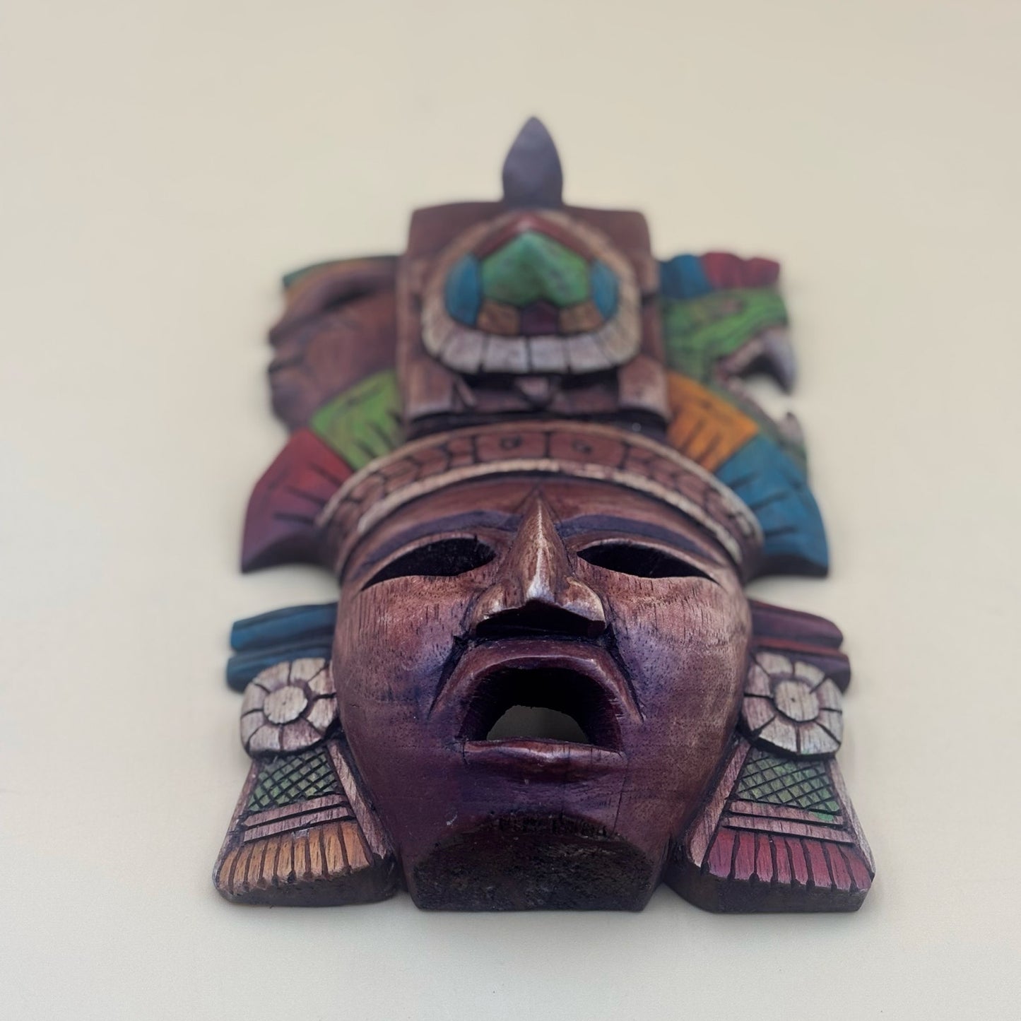 Mesoamerican Hand-Carved Warrior Mask/Wall Plaque - Turtle & Serpent Wall Art
