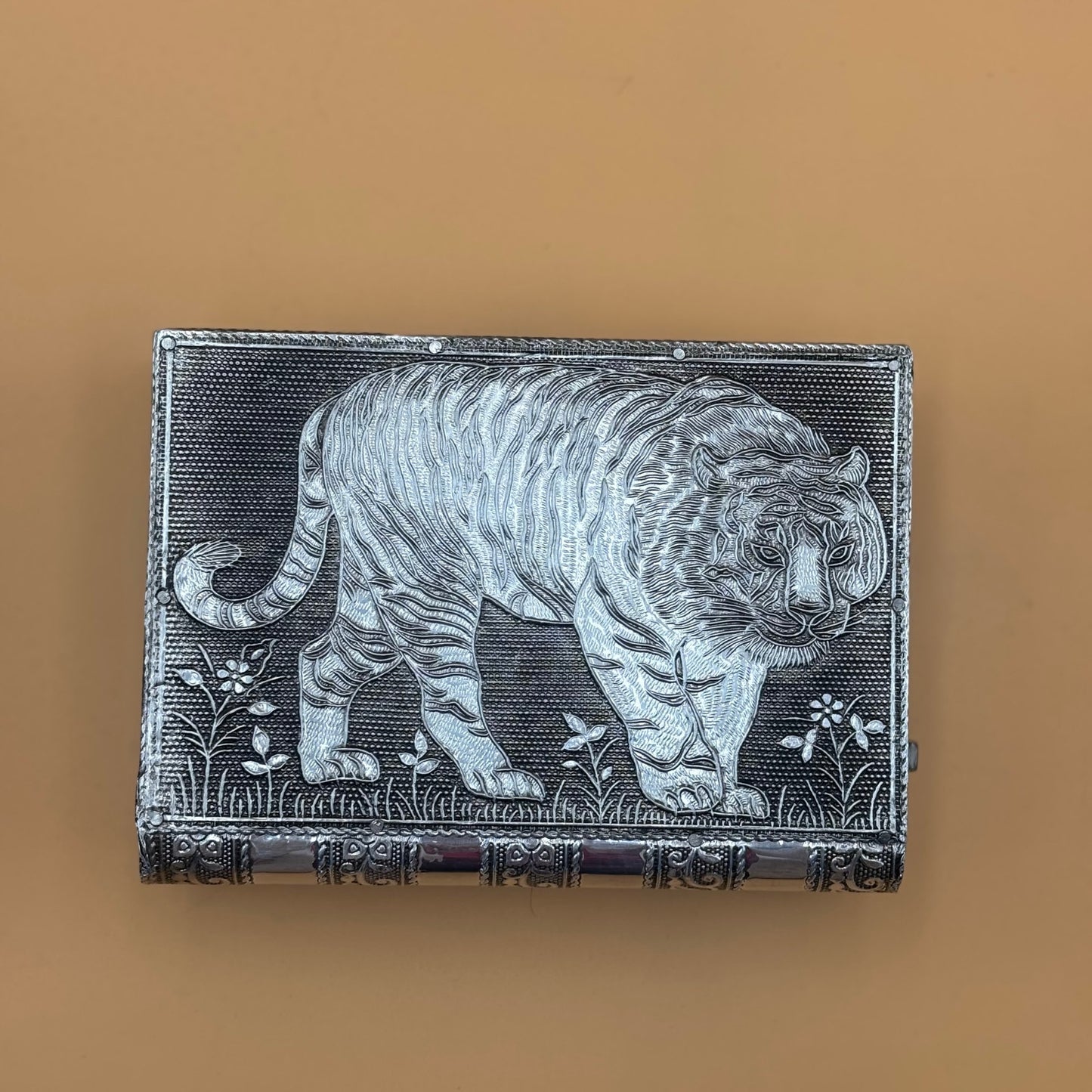 Pair of Handcrafted Indian Tiger Jewelry Boxes with Purple Velvet Interior