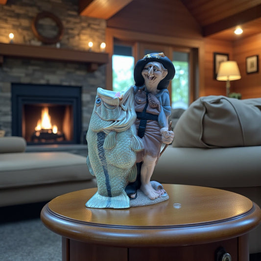 Funny Vintage Fisherman Figurine with Big Bass Fish