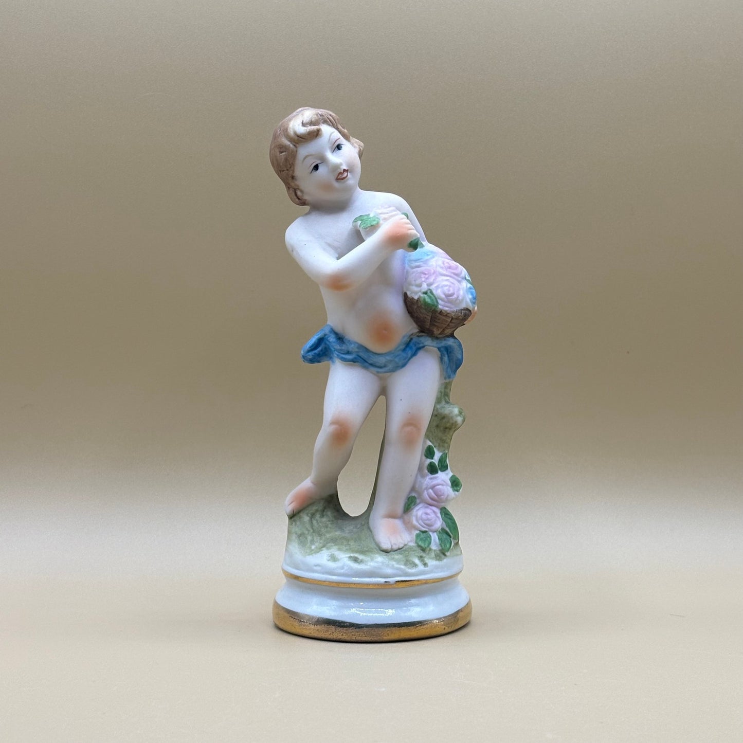 VTG Porcelain Standing Cherub with Rose Basket