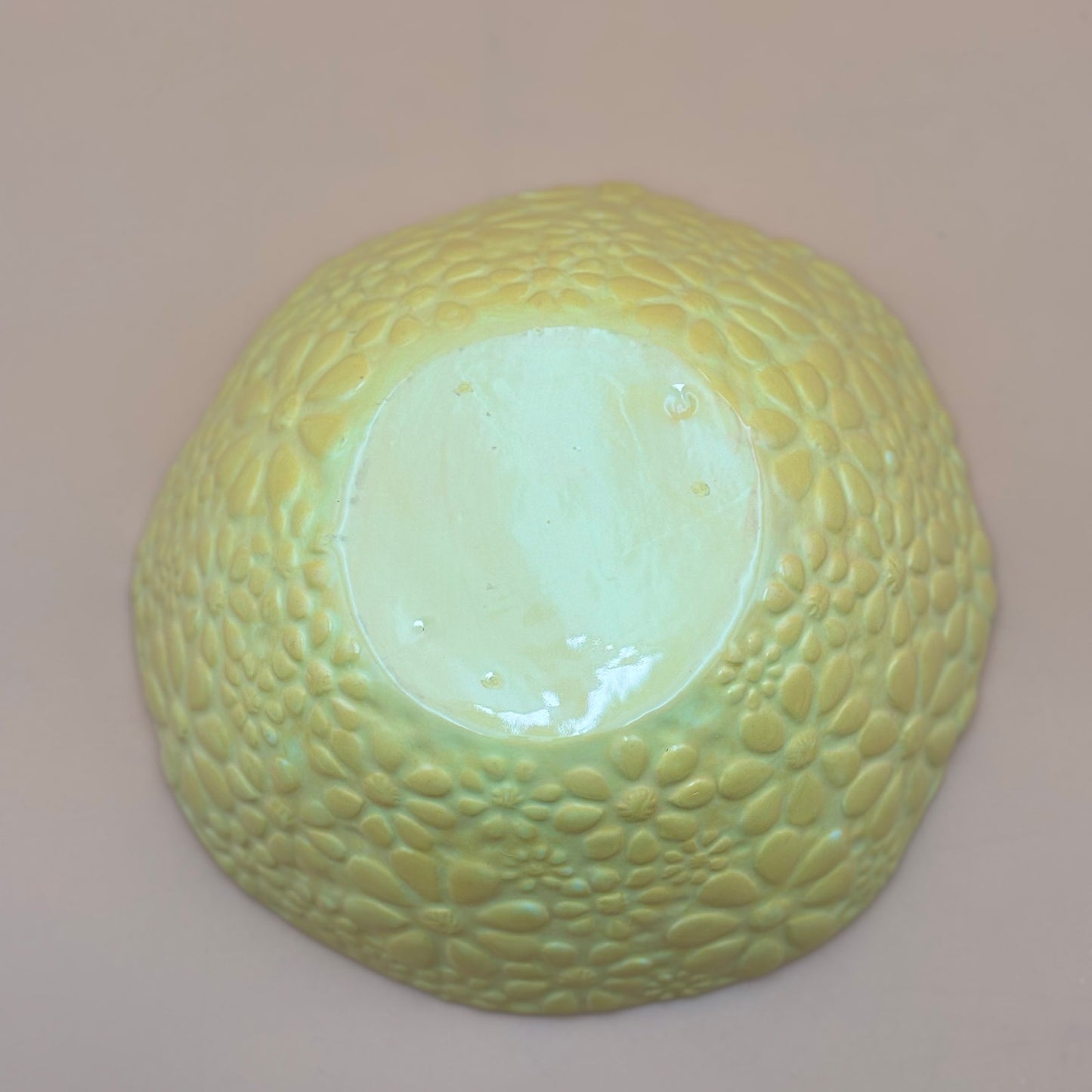 Handmade Bright Cheerful Yellow Pottery Bowl with Embossed Floral Design