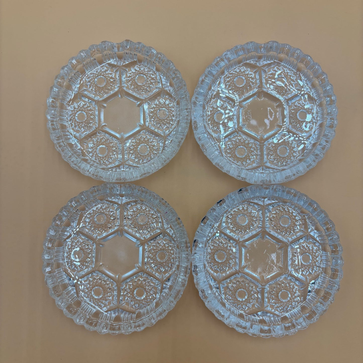 Vintage Pressed Glass Trinket Dish - Set of 4 - Starburst Hexagon Pattern