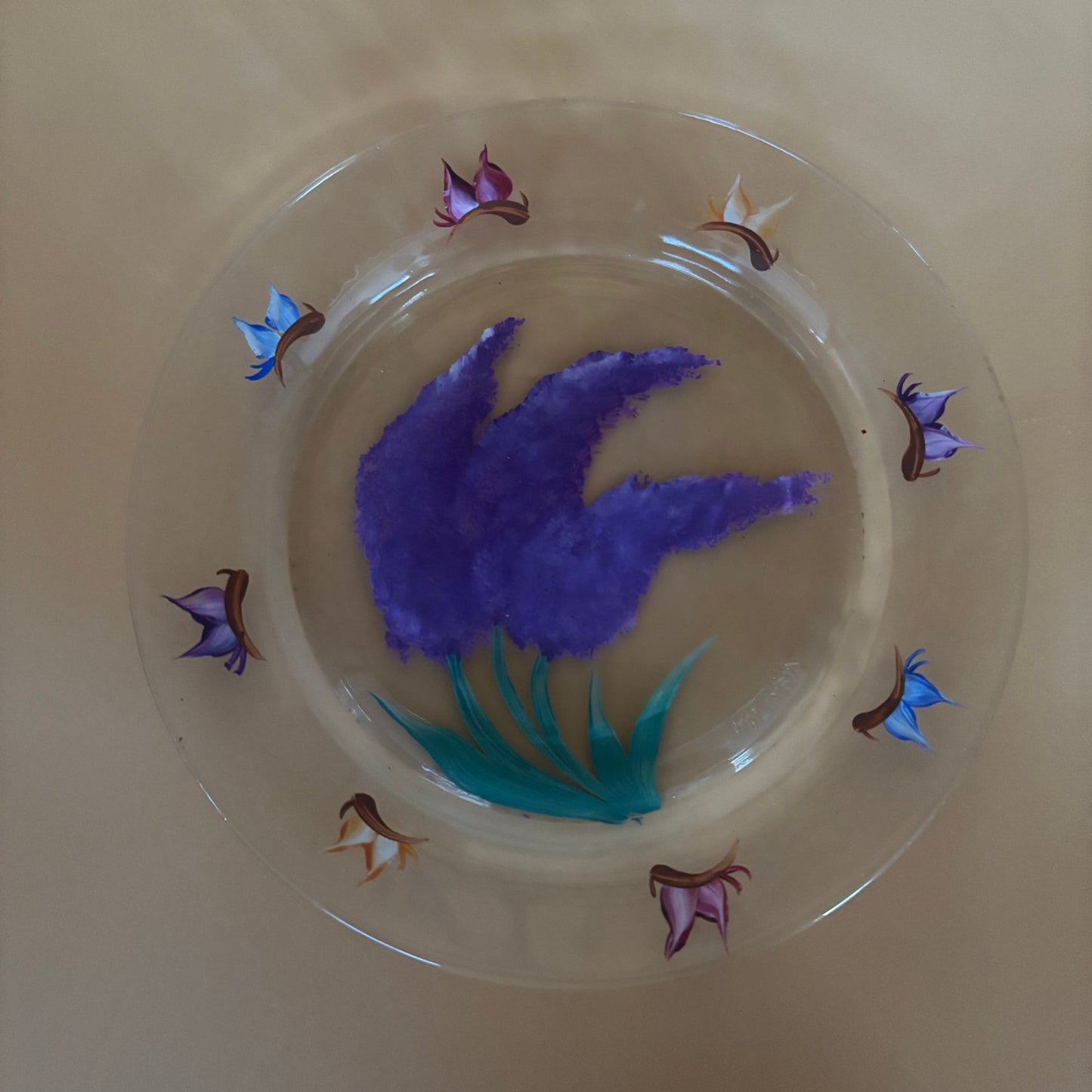 Handpainted Glass Plate - Purple Flowers & Butterflies - Malaysia