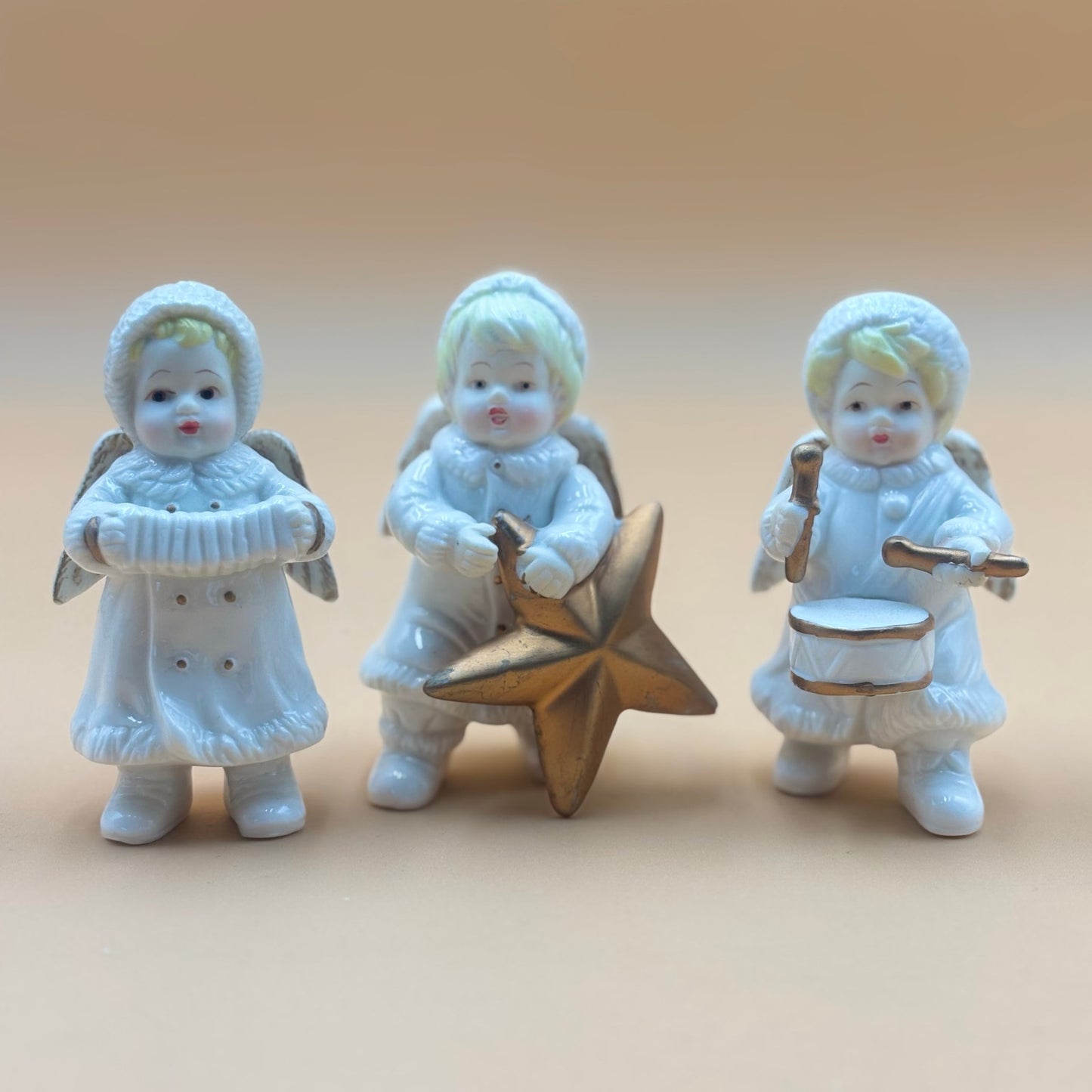 Set of 5 Vintage Ceramic Winter Angels with Gold Accents