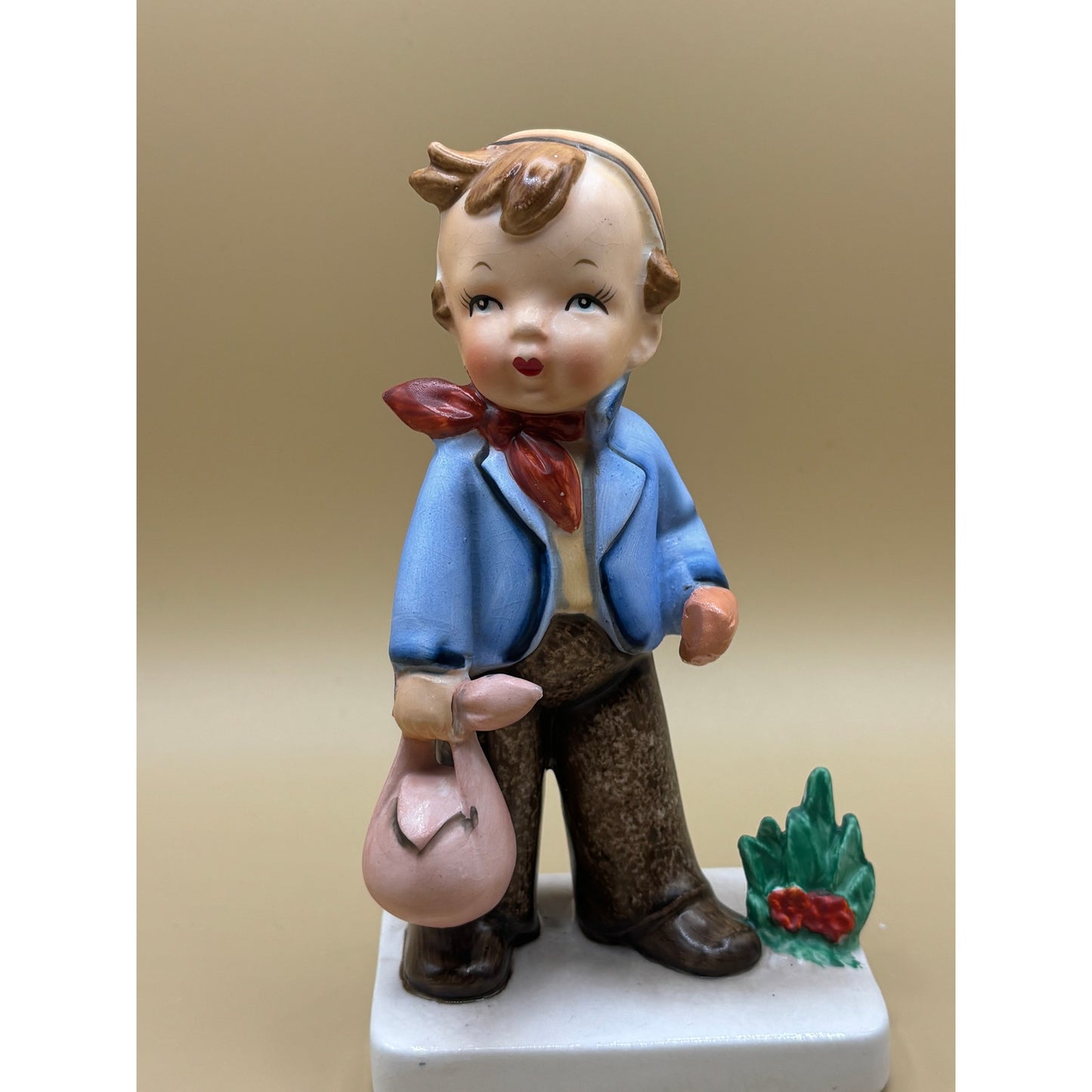 Pair of Vintage Japanese Vcagco Ceramic Figurines - Boy with Bag & Girl with Basket of Flowers