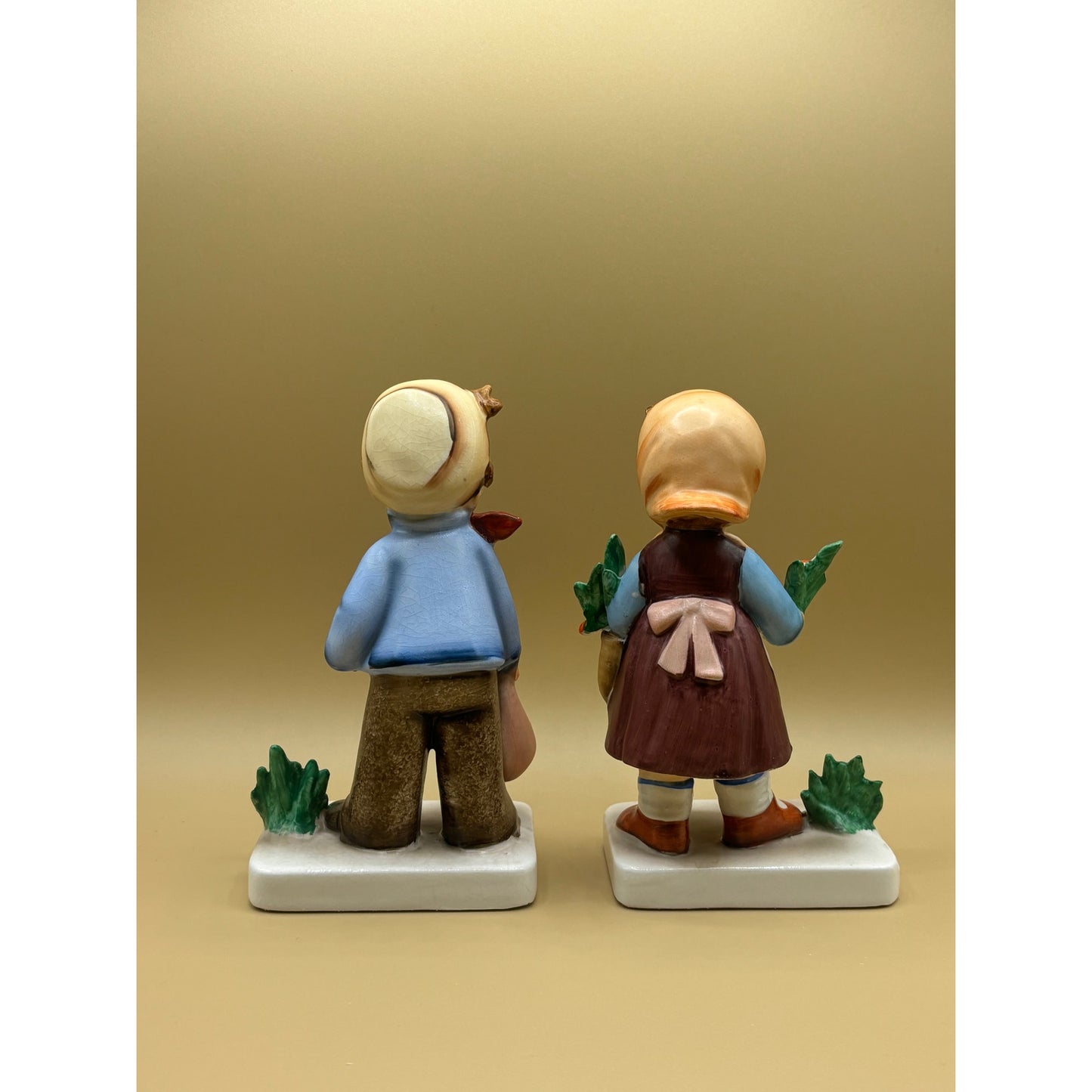 Pair of Vintage Japanese Vcagco Ceramic Figurines - Boy with Bag & Girl with Basket of Flowers
