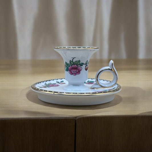VTG Porcelain Finger Candlestick Holder - Pink Rose & Gold Trim
