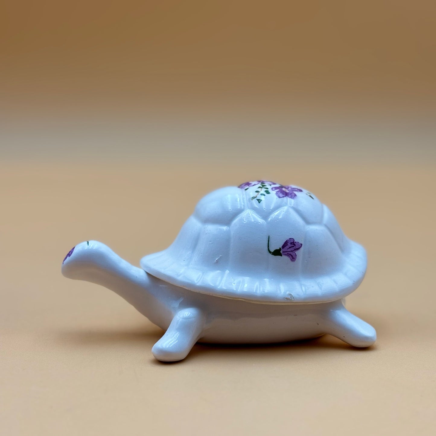 Porcelain Turtle Trinket Box with Purple Floral Design – Made in Taiwan