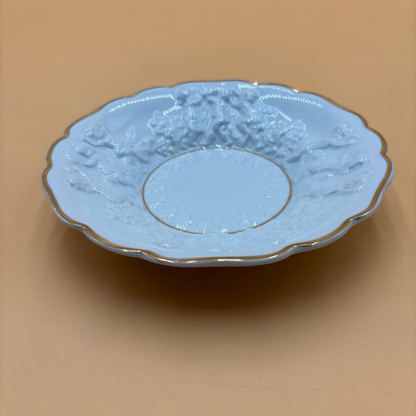 Vintage Embossed Cherub Porcelain Bowl with Gold Trim – 8.25”