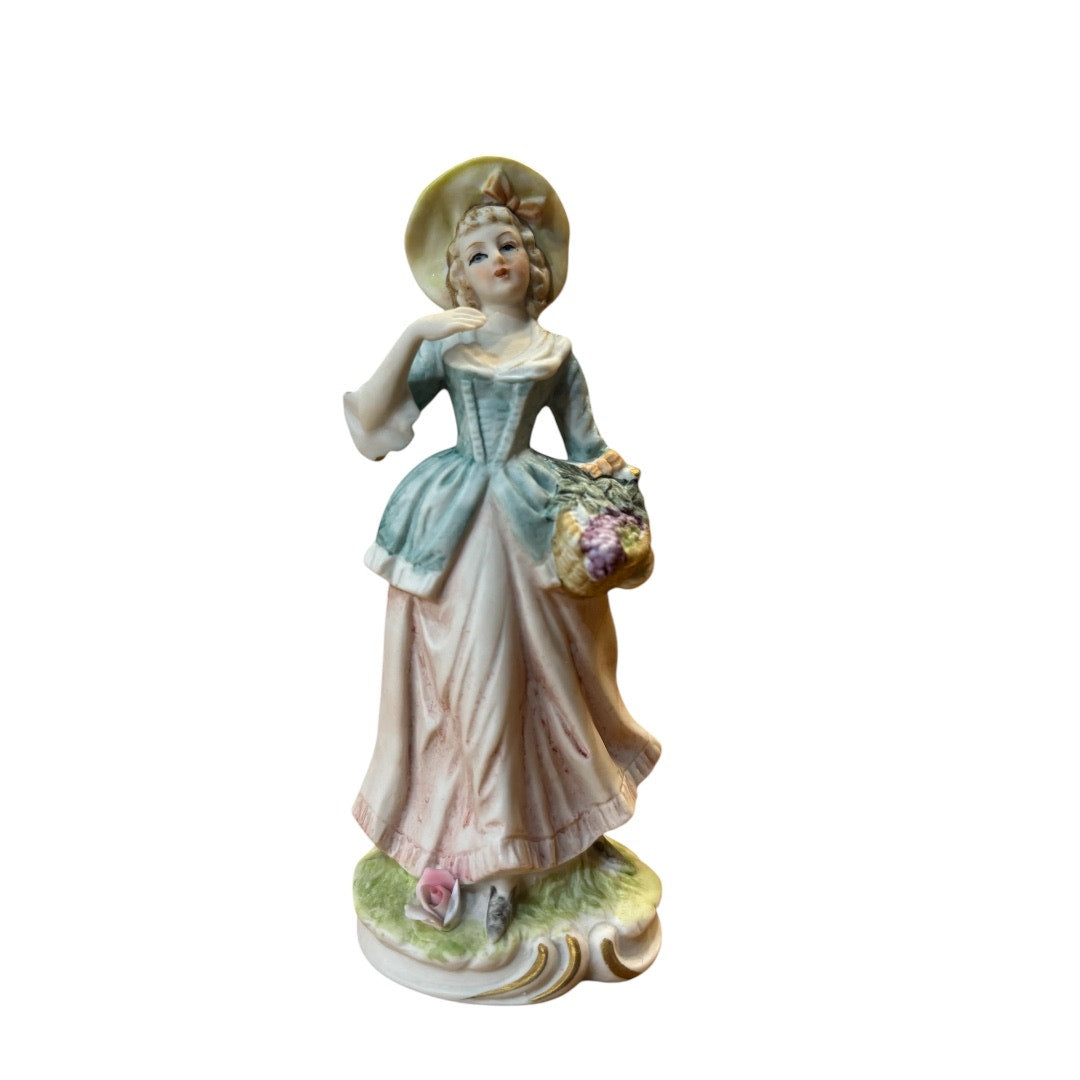 Vintage Porcelain Lady with Flower Basket Figurine - 6.25”