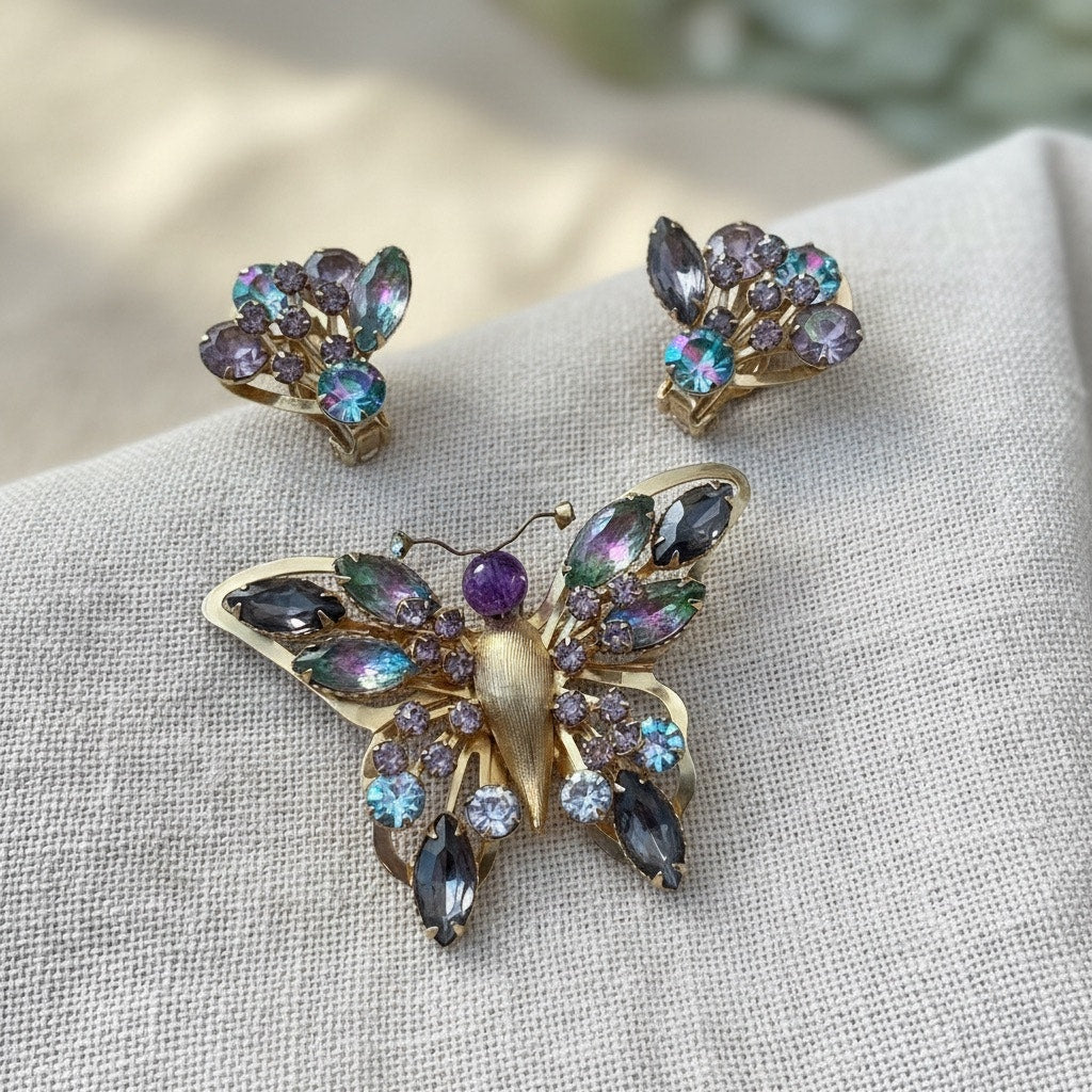 Selro Selini Watermelon Rhinestone Butterfly Brooch & Earrings – Rare Set