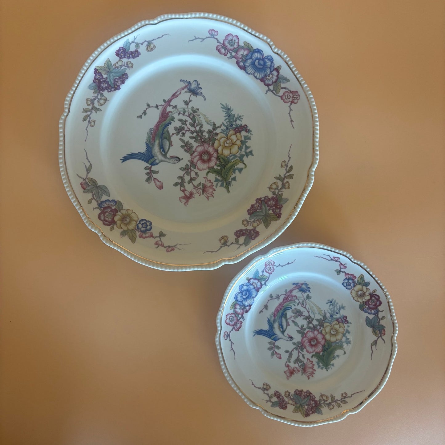 Rosenthal Continental Phoenix Plates – 1 Dinner (9¼″) + 6 Salad (6¼″) – Bird & Floral with Beaded Rim