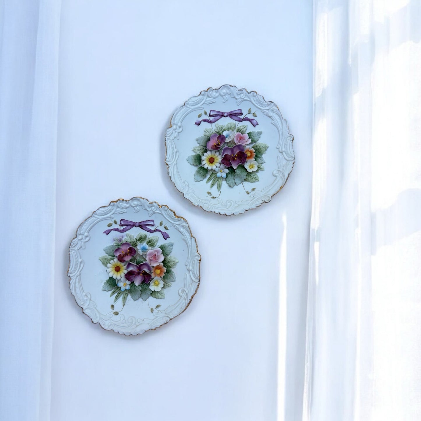 Set of 2 Vintage Lefton China Floral Wall Plaques – Hand Painted – KW4743