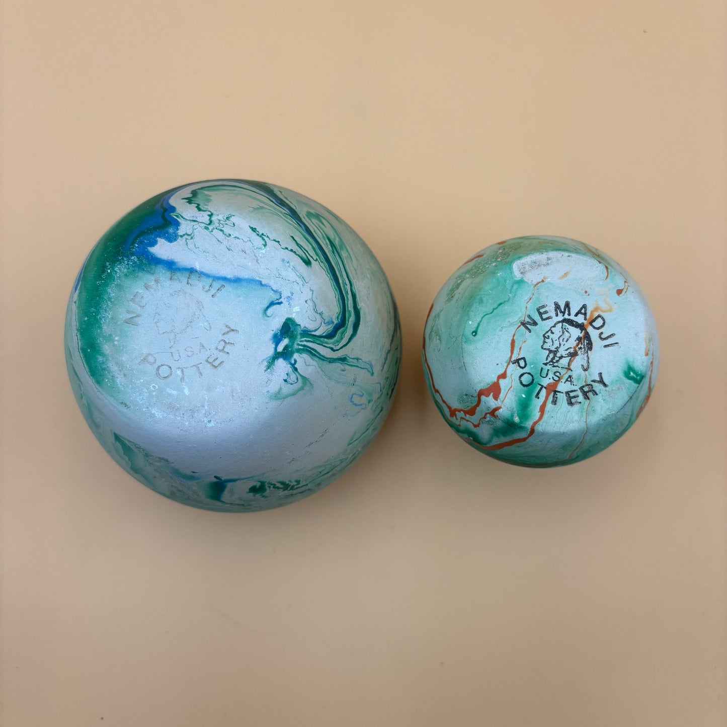 Pair of Vintage Nemadji Pottery Vases – Swirled Green, Blue & Orange Clay