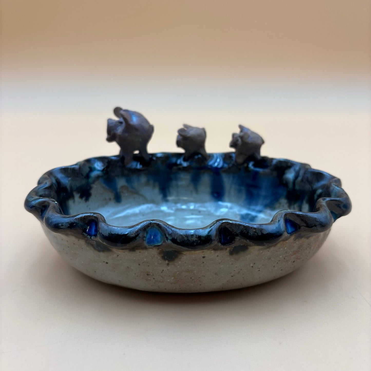 Handmade Pig Trio Blue & Brown Glazed Pottery Bowl