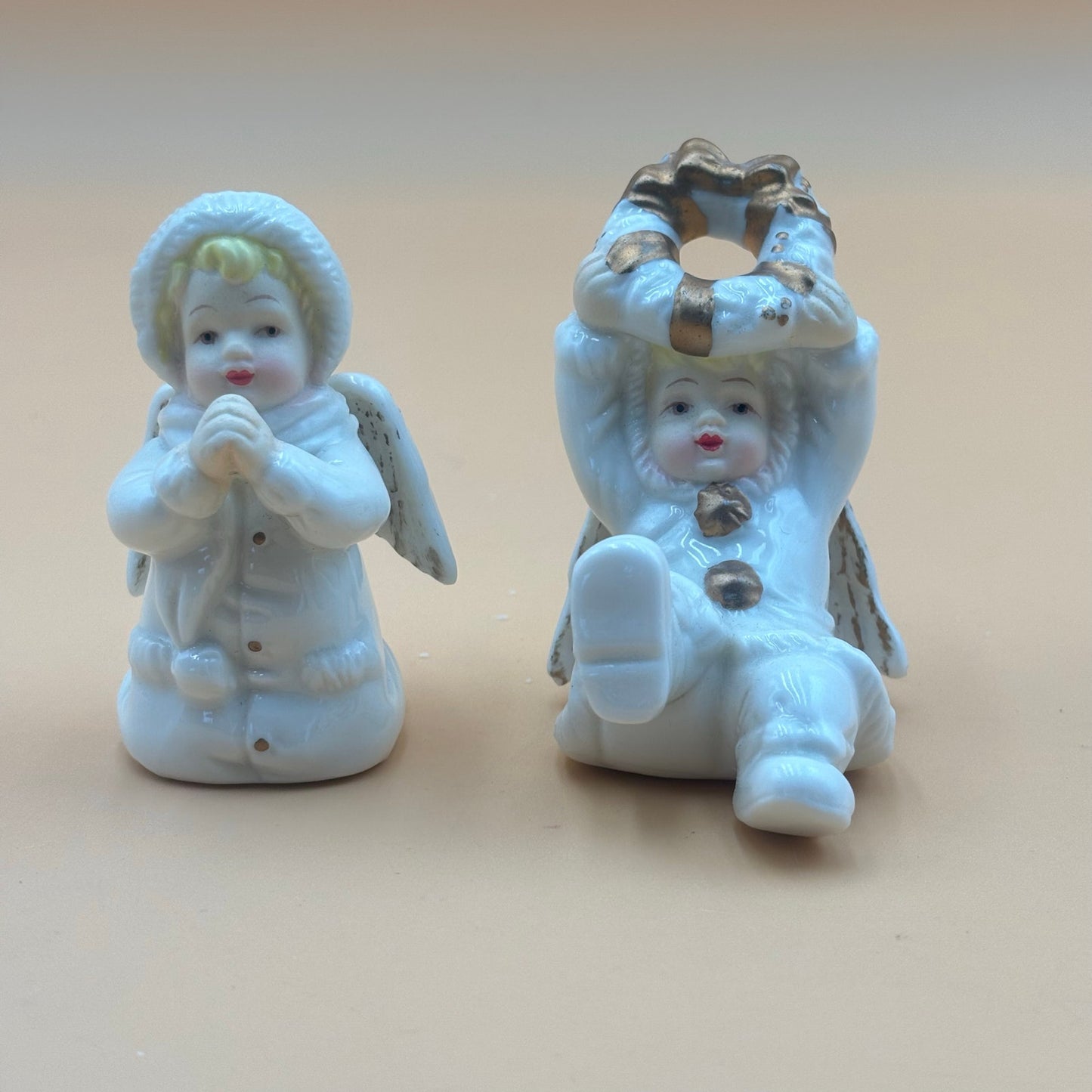 Set of 5 Vintage Ceramic Winter Angels with Gold Accents