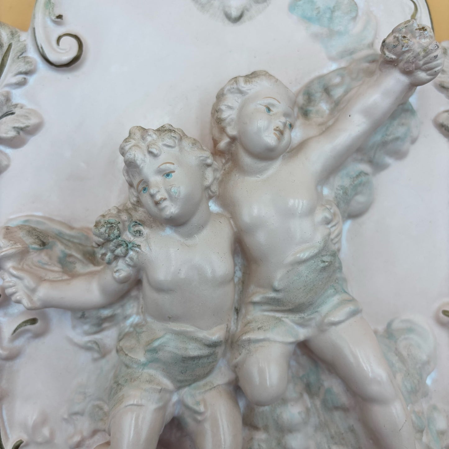 Pair of Alexander Backer Cherub Wall Plaques – Gilded Scrolls & Pastel Detail