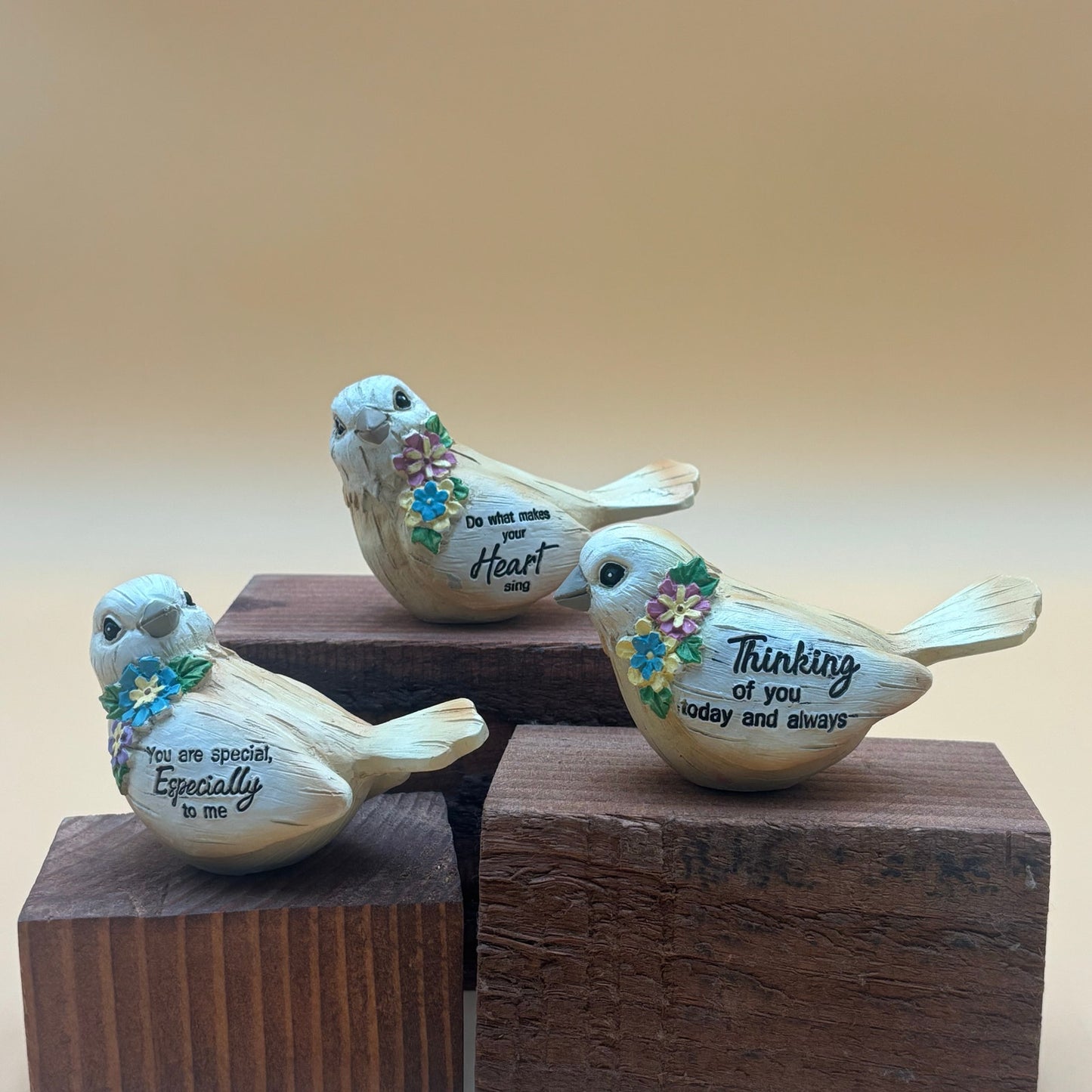 Set of 3 Inspirational Bird Figurines – Floral Accents & Messages (4”)