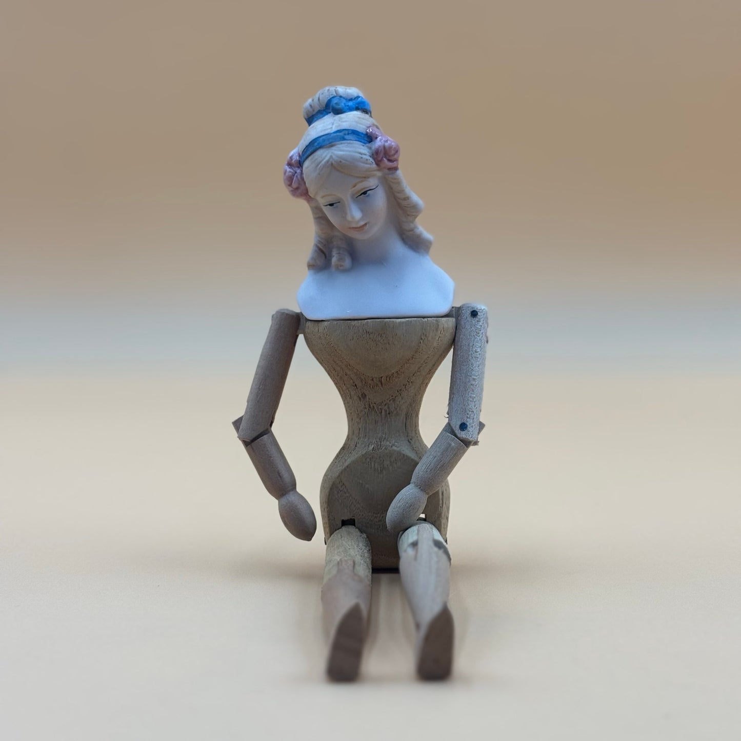 Shackman Bisque and Wood Jointed Doll 9.5 in with Blue Ribbon