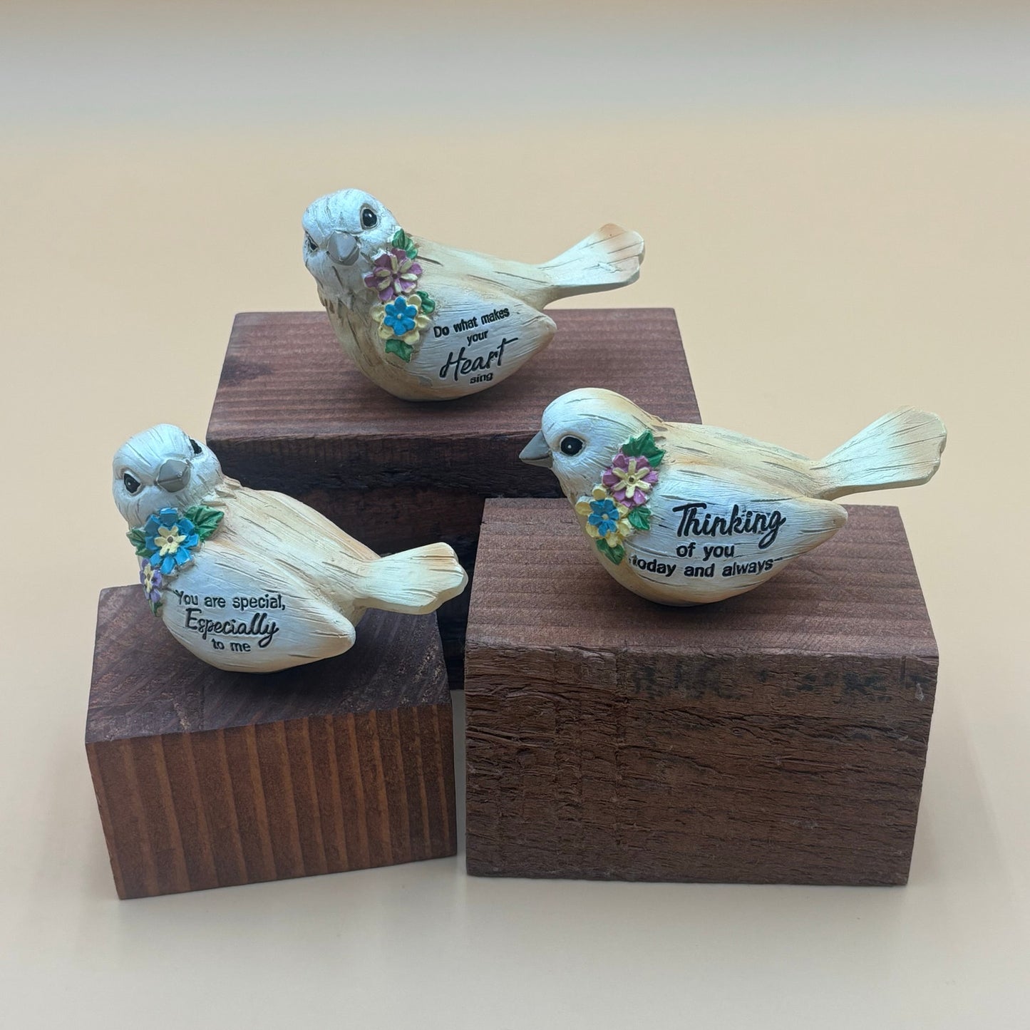 Set of 3 Inspirational Bird Figurines – Floral Accents & Messages (4”)