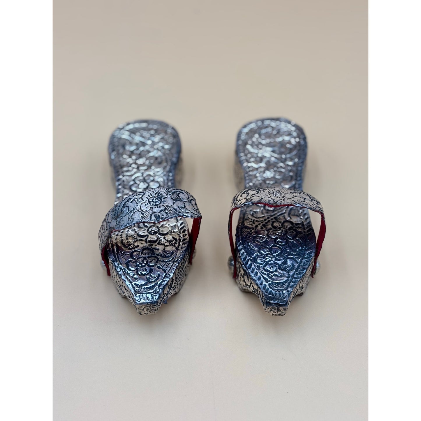 Vintage Ottoman Style Child’s Shoes Silver Tone on Wood with Box Collectible