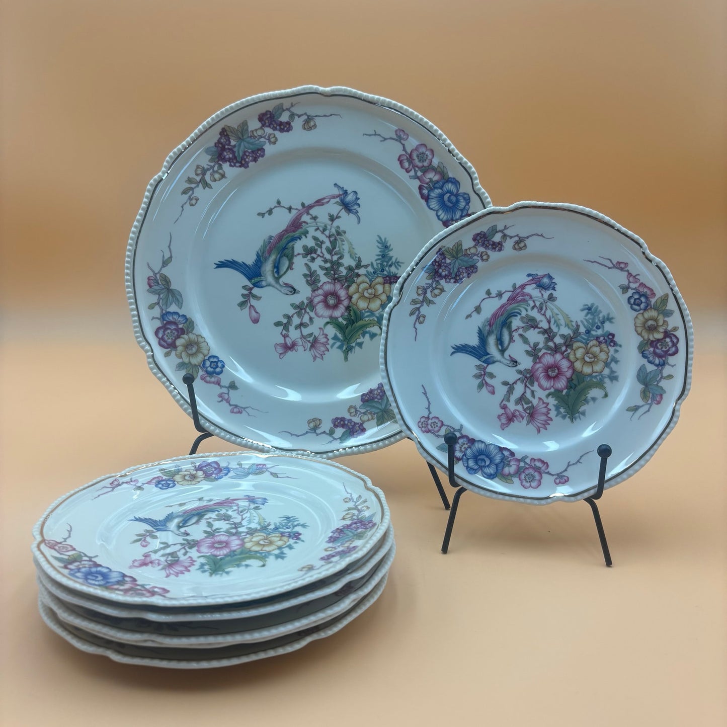 Rosenthal Continental Phoenix Plates – 1 Dinner (9¼″) + 6 Salad (6¼″) – Bird & Floral with Beaded Rim