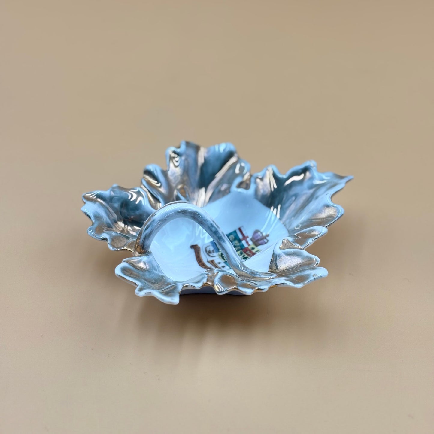 Vintage Dominion of Canada Ruffled Leaf Dish – Gray and Gold Accent Handle