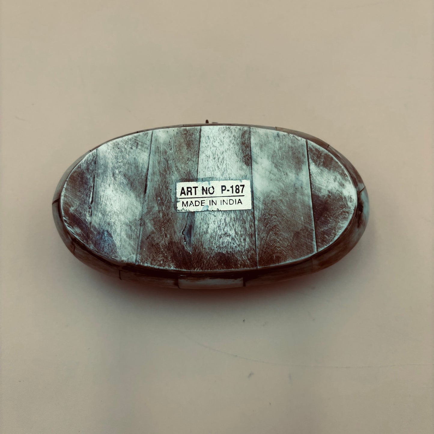 Vintage Indian Bone Inlay Trinket Box with Blue Velvet Lining – Handmade Art No. P187