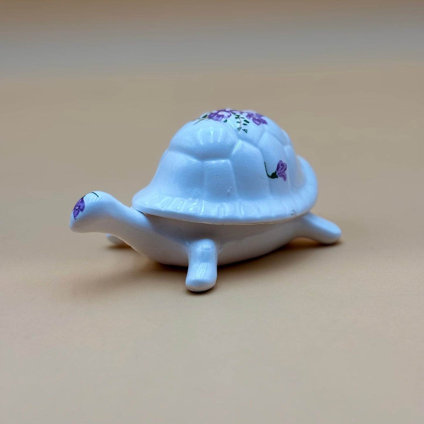 Porcelain Turtle Trinket Box with Purple Floral Design – Made in Taiwan