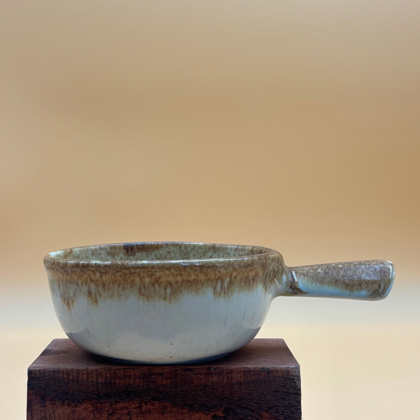 Vintage McCoy 7050 Handled Soup Bowl - Cream with Brown Drip Glaze