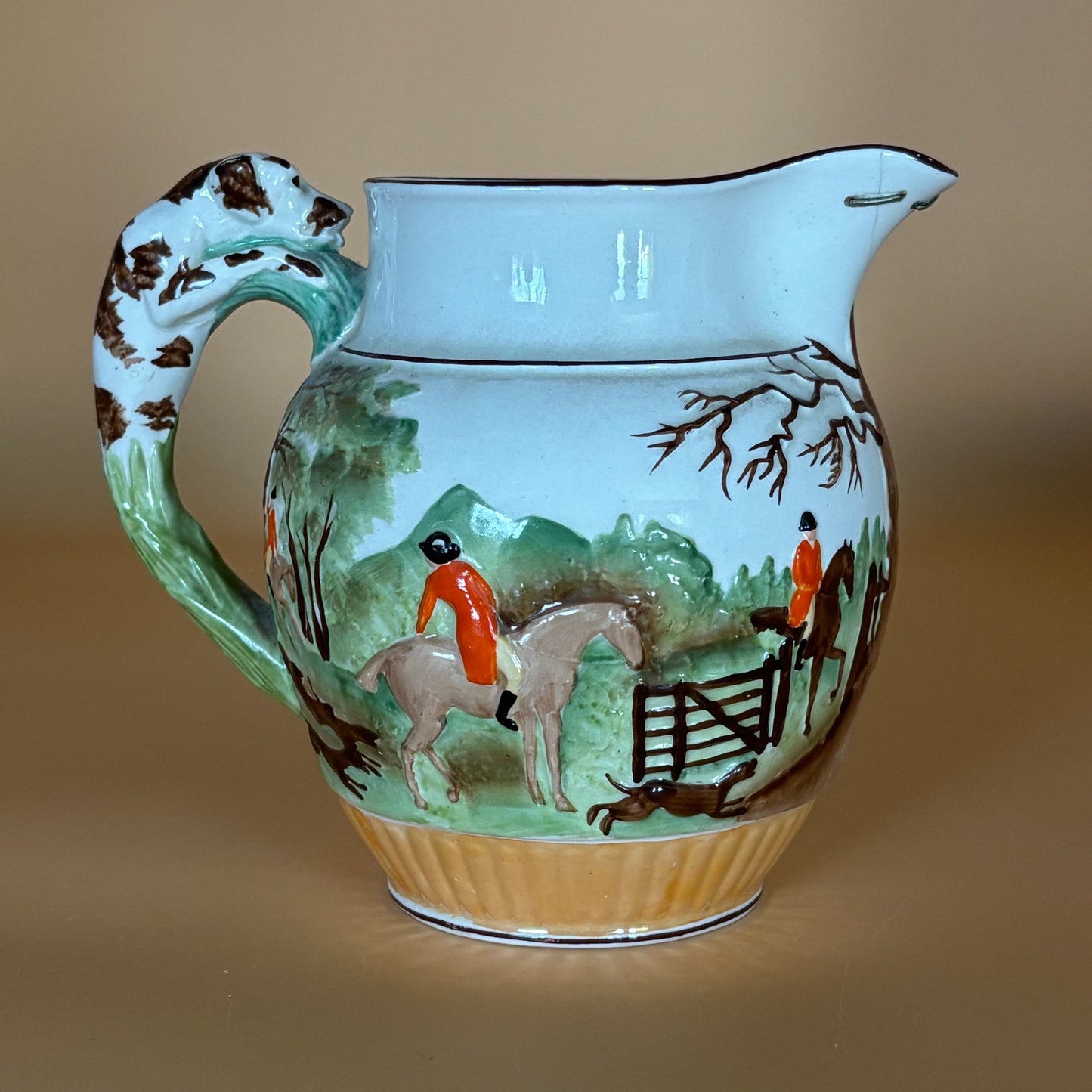Antique Staffordshire Style Fox Hunt Pitcher with RARE Staple Repair