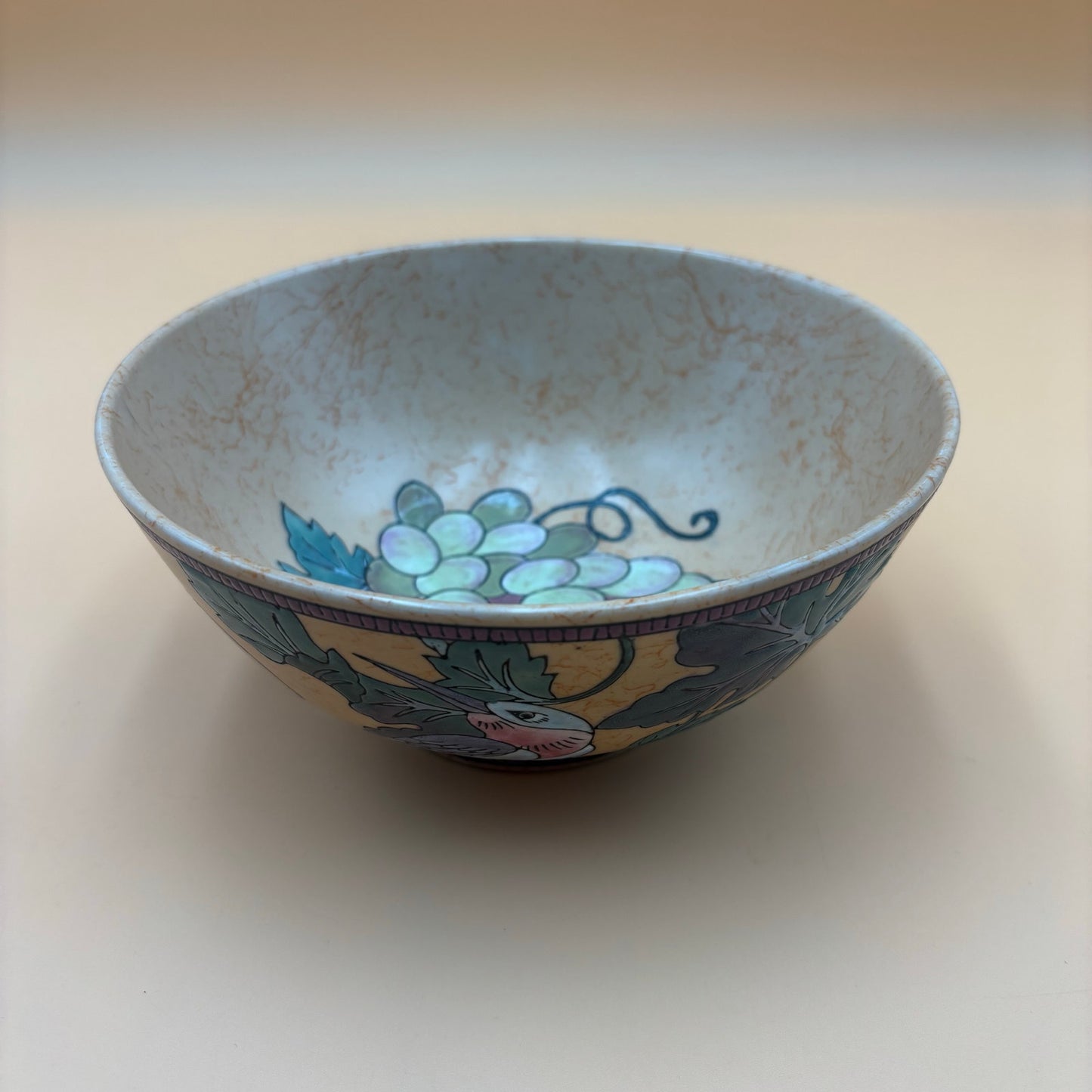 Vintage Crackle Glaze Hand-Painted Ceramic Bowl with Cardinal and Grape Design